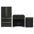Forno Antico 3-Piece Appliance Package - 36-Inch Dual Fuel Range, 36-Inch Refrigerator, & 24-Inch Dishwasher in Black with Antique Brass Trim