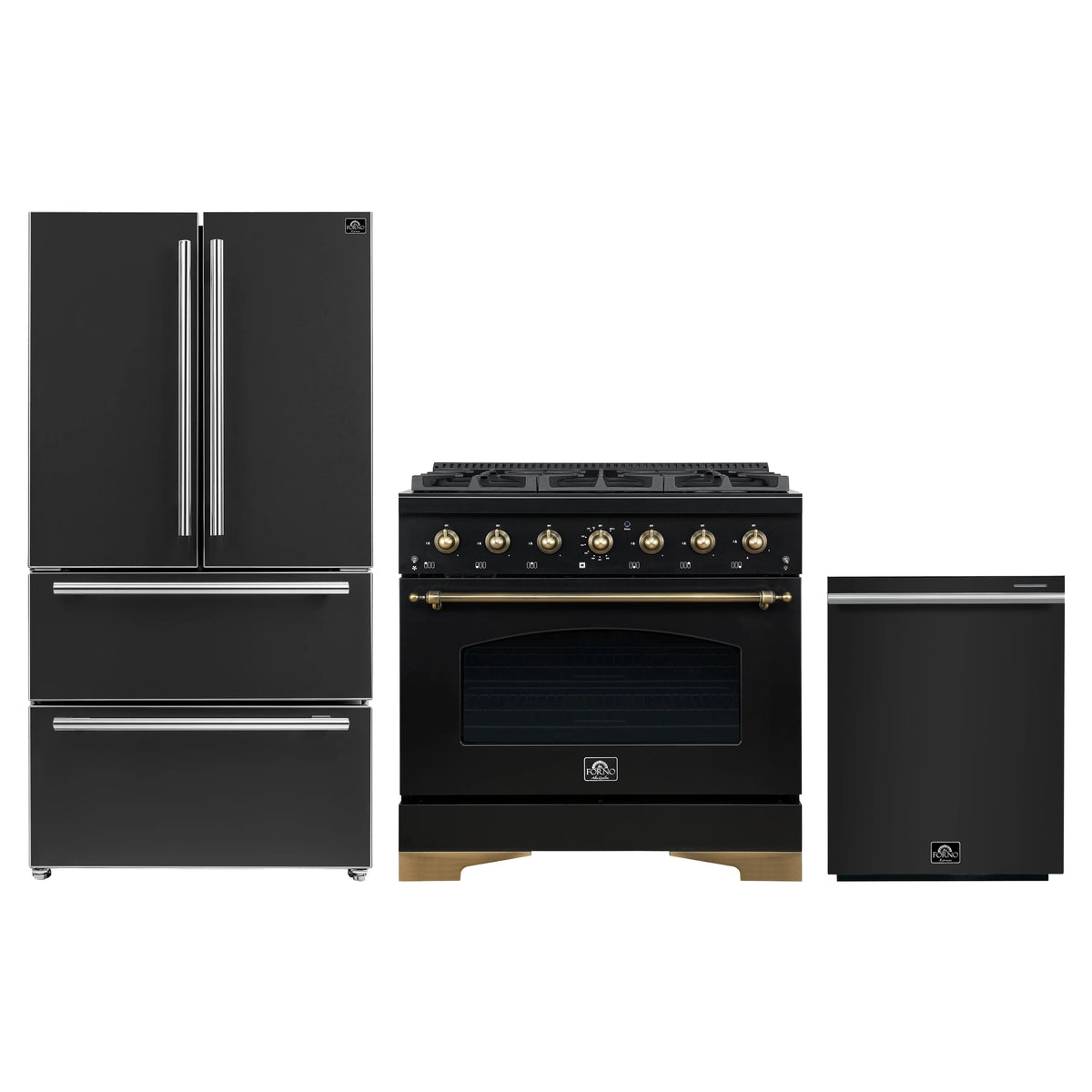Forno Antico 3-Piece Appliance Package - 36-Inch Dual Fuel Range, 36-Inch Refrigerator, & 24-Inch Dishwasher in Black with Antique Brass Trim