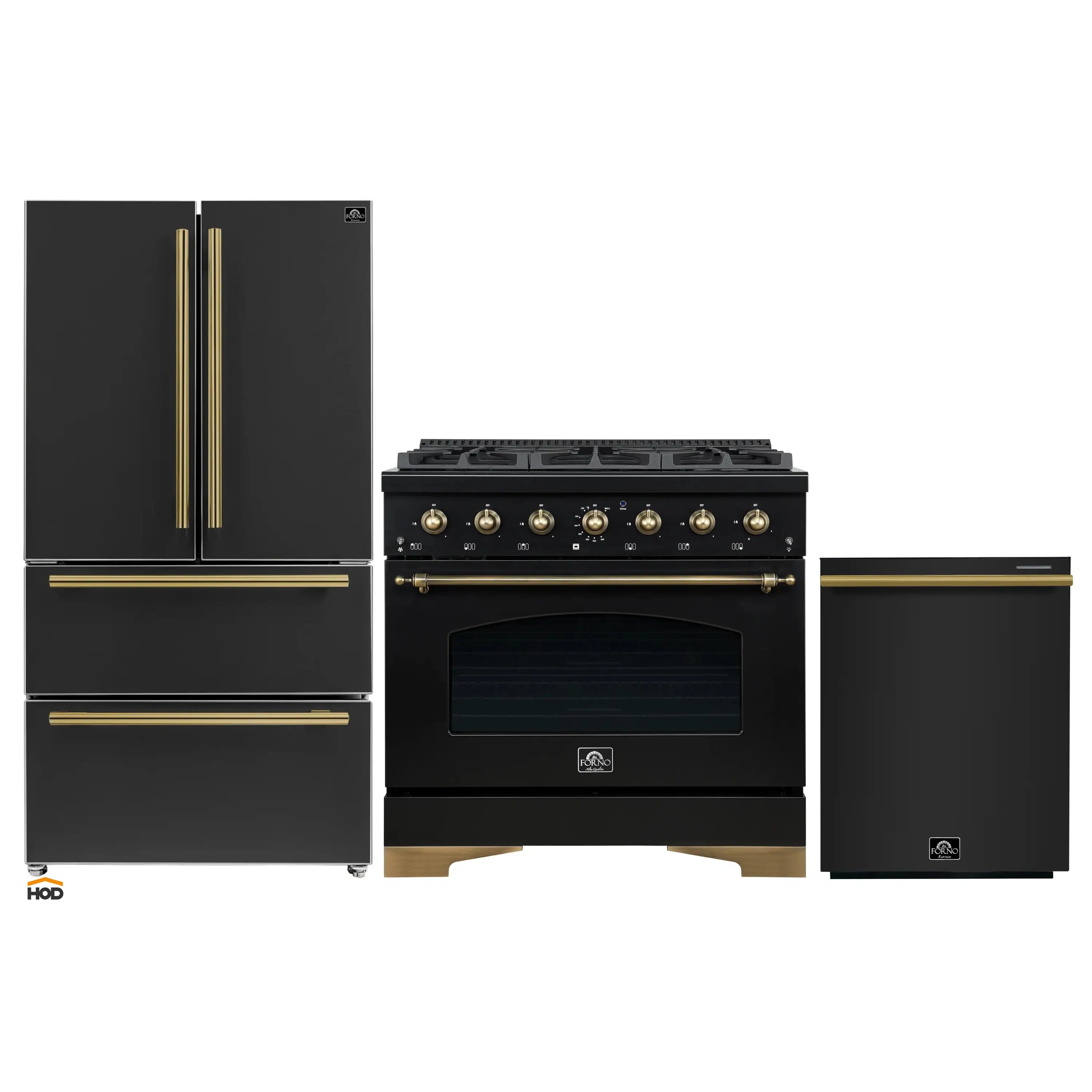 Forno Antico black range, oven, refrigerator, and dishwasher in one set