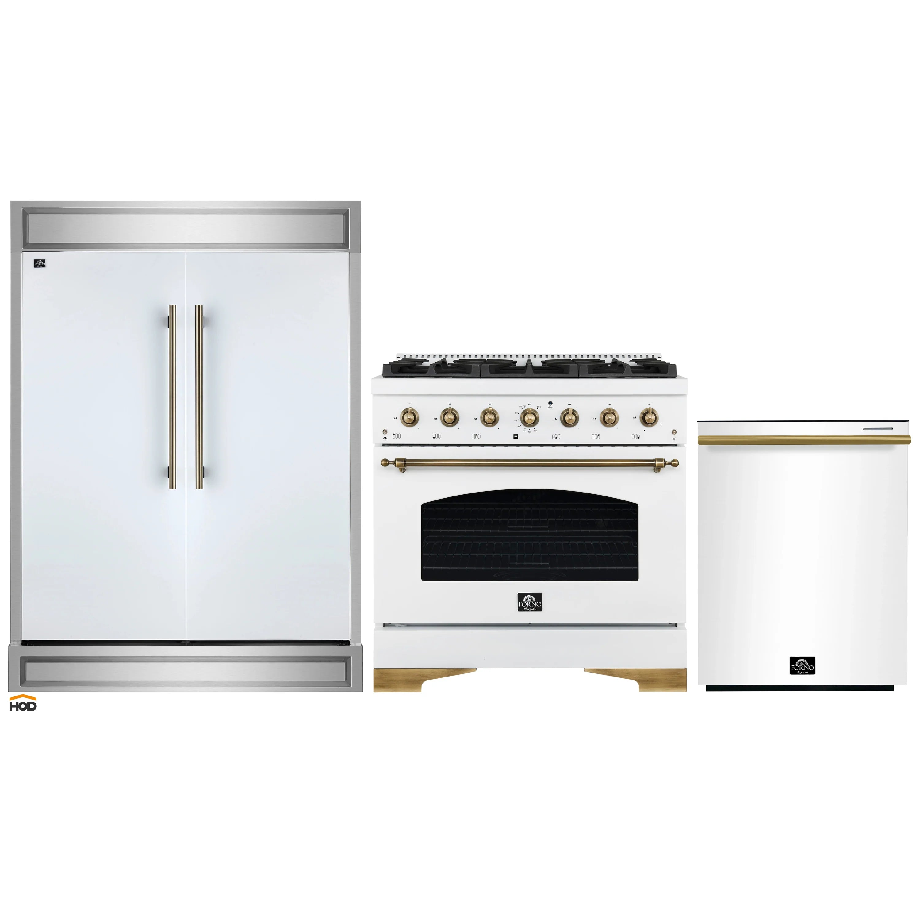 White refrigerator and dual-fuel range with dishwasher set, antique brass handles