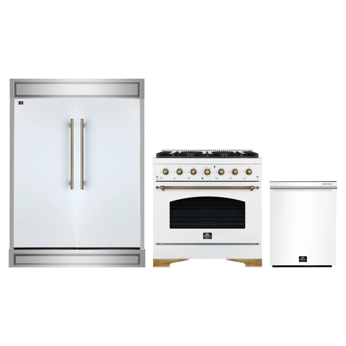 Forno 3-Piece Appliance Package - 36-Inch Dual Fuel Range, 60-Inch Refrigerator, Dishwasher in White with Antique Brass Trim