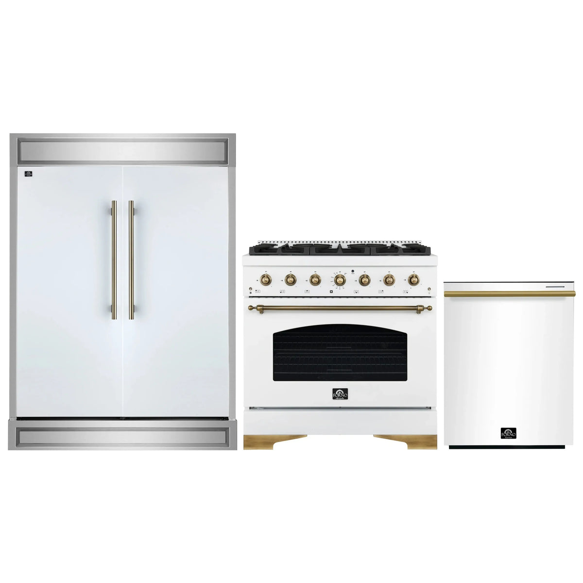Forno 3-Piece Appliance Package - 36-Inch Dual Fuel Range, 60-Inch Refrigerator, Dishwasher in White with Antique Brass Trim