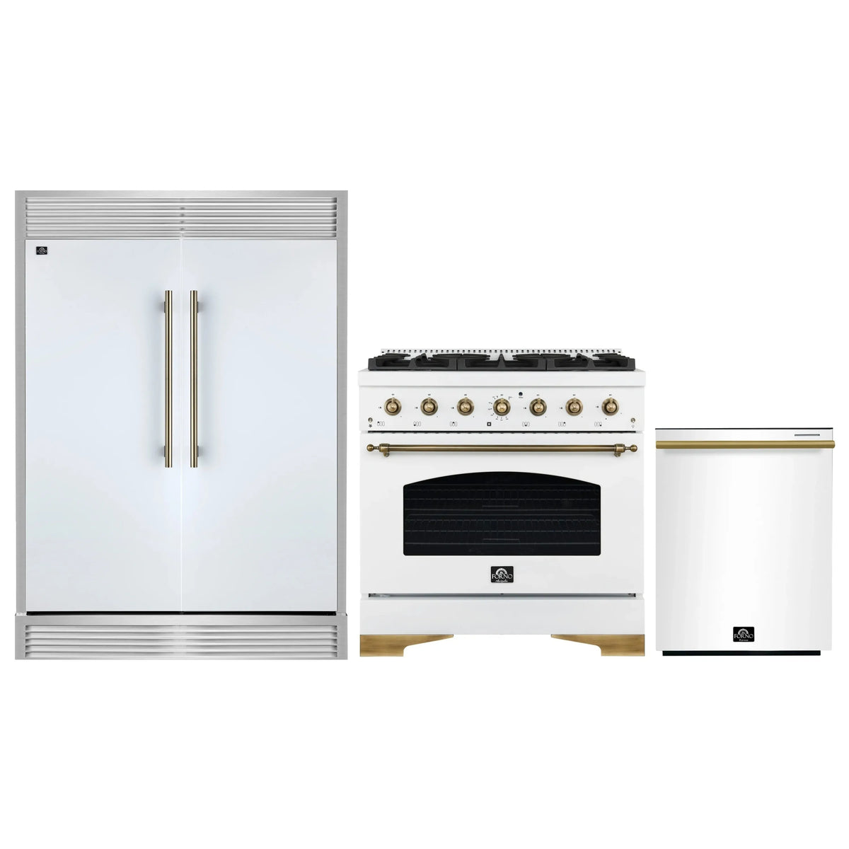 Forno 3-Piece Appliance Package - 36-Inch Antico Dual Fuel Range, 60-Inch Refrigerator, Dishwasher in White with Antique Brass Trim
