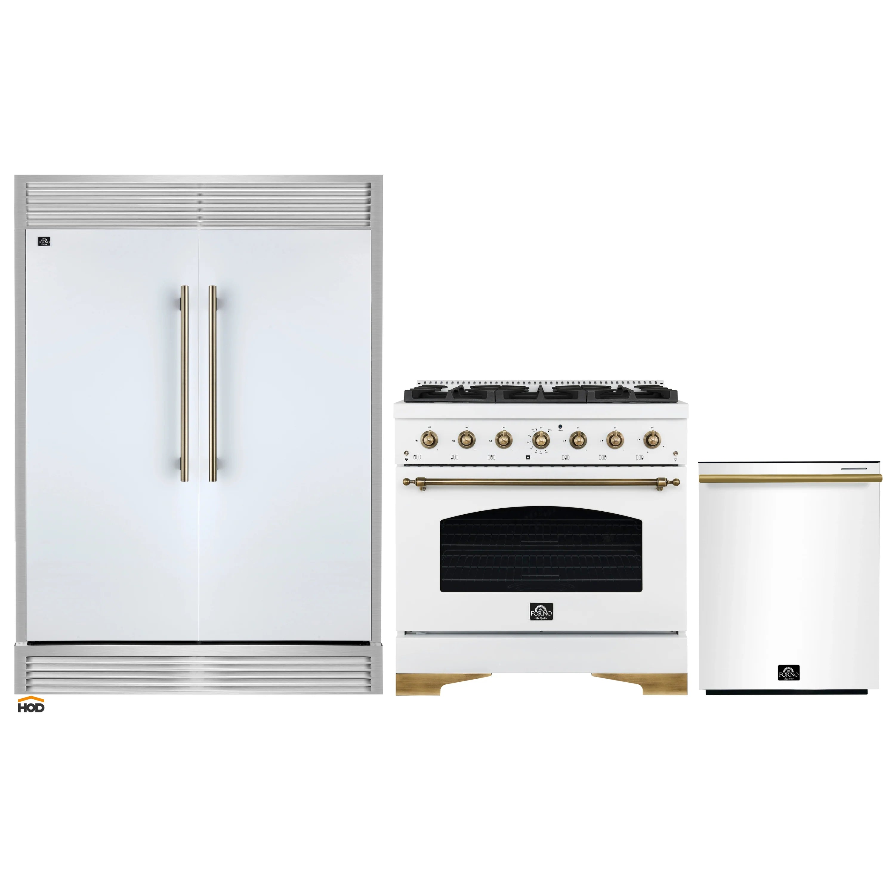 3-piece appliance package: white refrigerator, range, and dishwasher with brass handles
