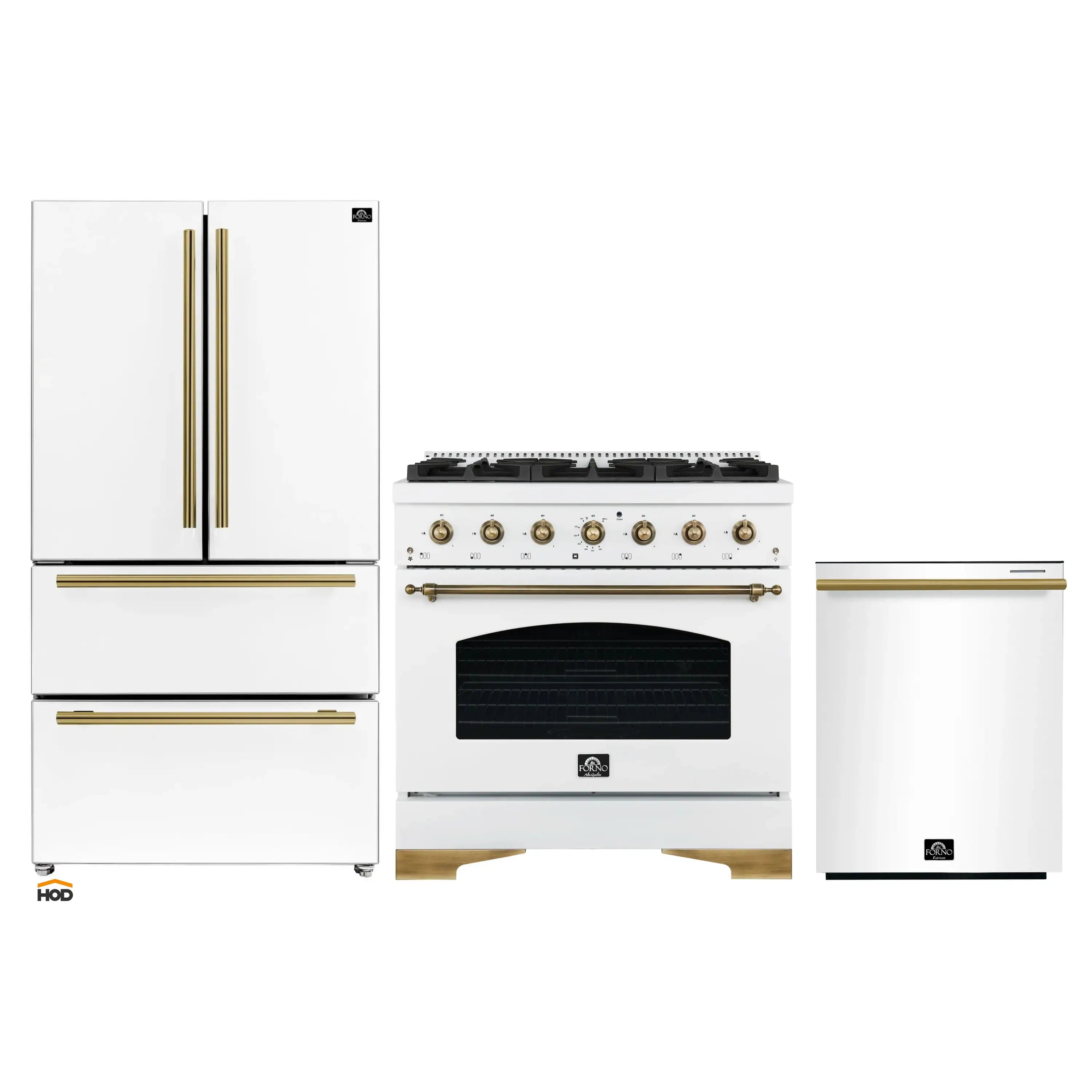 White 3-piece appliance set with antique brass trim: range, fridge, dishwasher