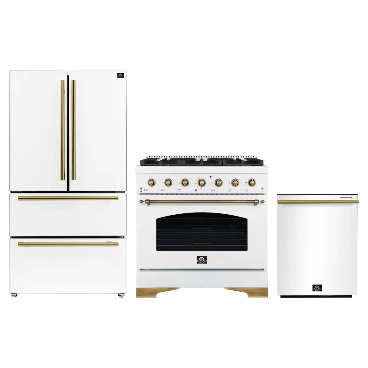 Forno Antico 3-Piece Appliance Package - 36-Inch Dual Fuel Range, 36-Inch Refrigerator, & 24-Inch Dishwasher in White with Antique Brass Trim