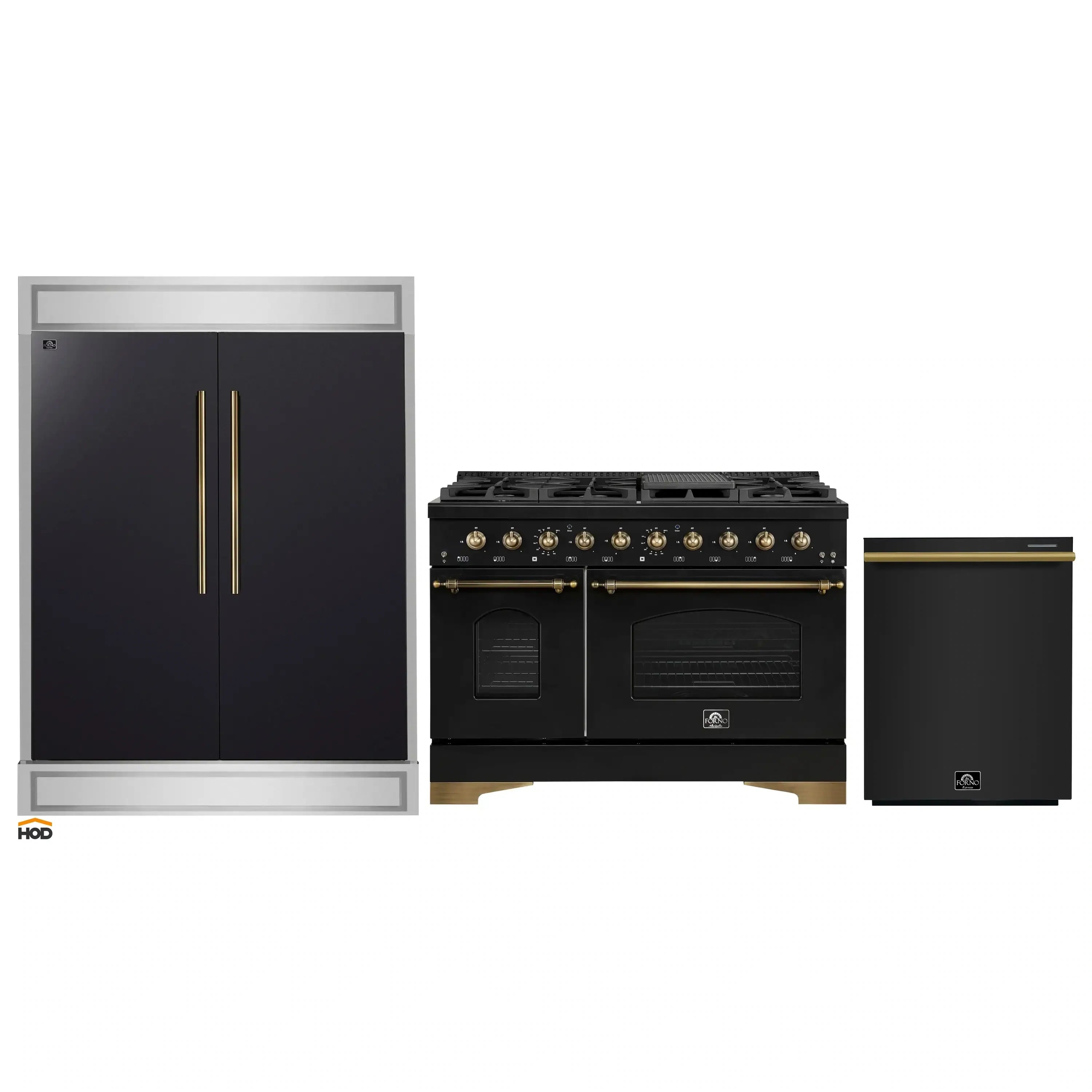 Black appliance package with antique brass handles: range, refrigerator, and dishwasher