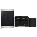 Forno 3-Piece Appliance Package - 48-Inch Dual Fuel Range, 60-Inch Convertible Refrigerator with Modern Trim, and Dishwasher in Black with Antique Brass Handle