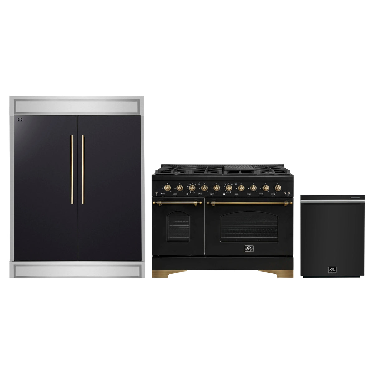 Forno 3-Piece Appliance Package - 48-Inch Dual Fuel Range, 60-Inch Convertible Refrigerator with Modern Trim, and Dishwasher in Black with Antique Brass Trim
