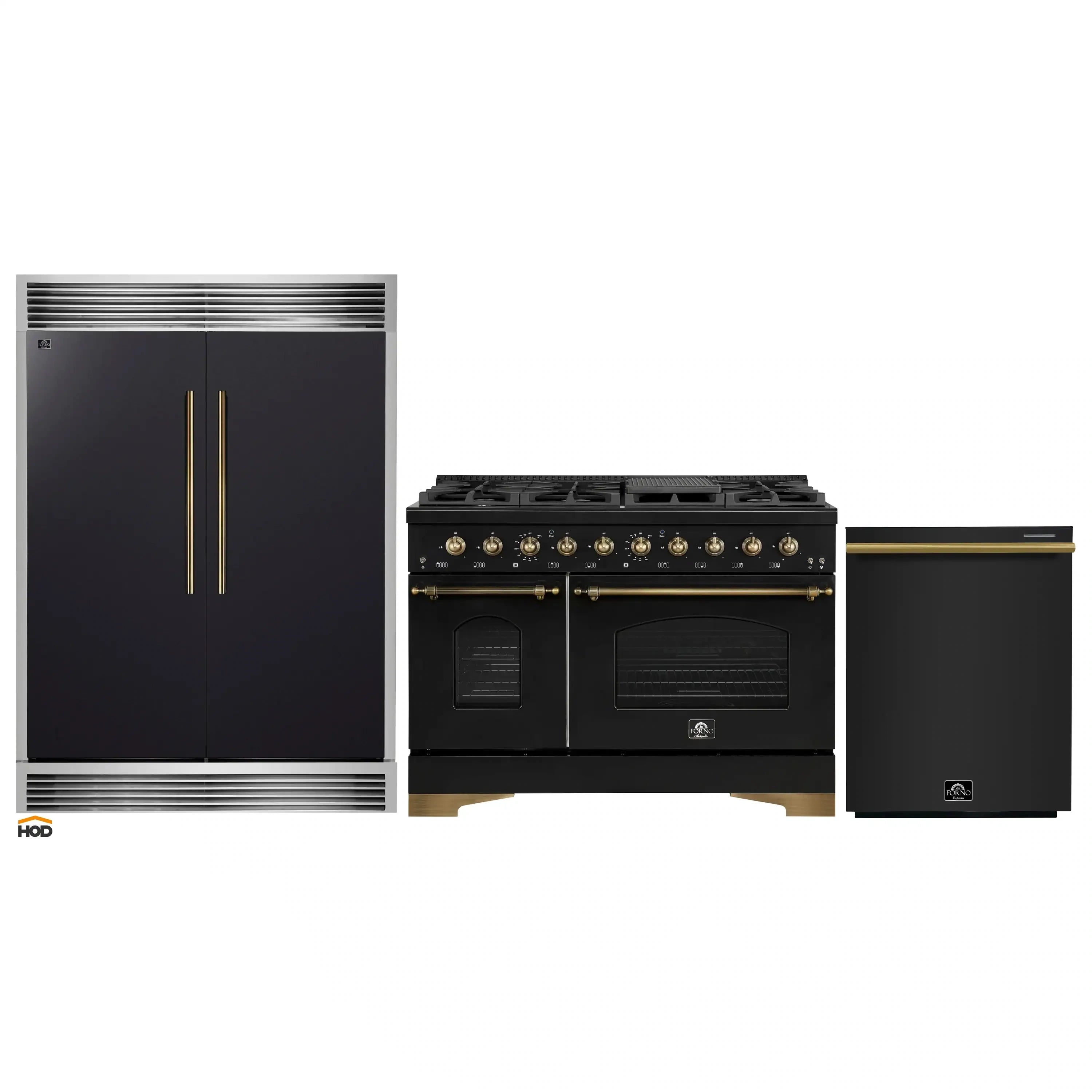 3-piece appliance package with black range, fridge, and dishwasher; antique brass handles
