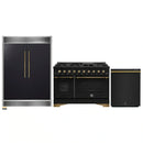 Forno 3-Piece Appliance Package - 48-Inch Dual Fuel Range, 60-Inch Convertible Refrigerator with Modern Grille Trim, and Dishwasher in Black with Antique Brass Handle