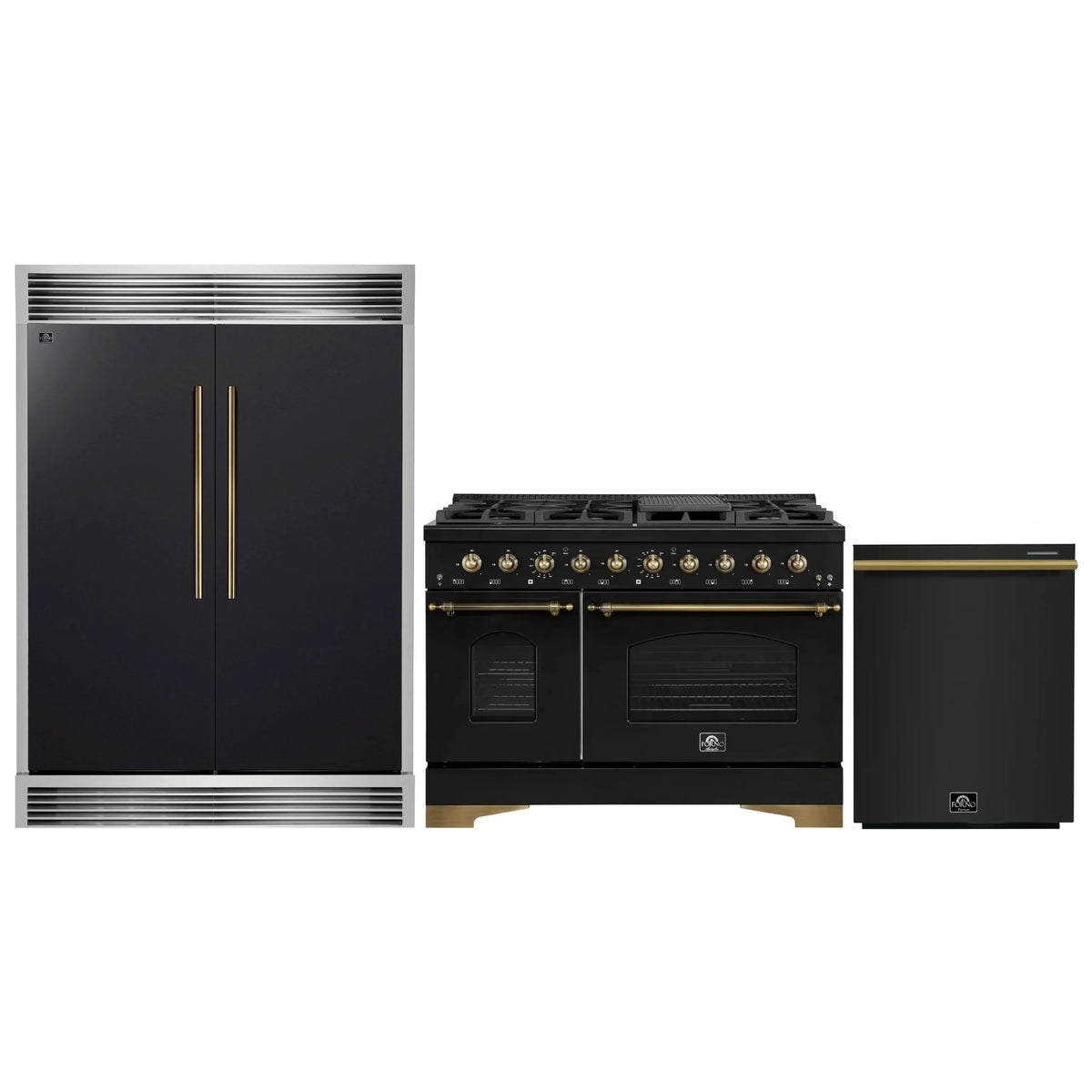Forno 3-Piece Appliance Package - 48-Inch Dual Fuel Range, 60-Inch Convertible Refrigerator with Modern Grille Trim, and Dishwasher in Black with Antique Brass Trim