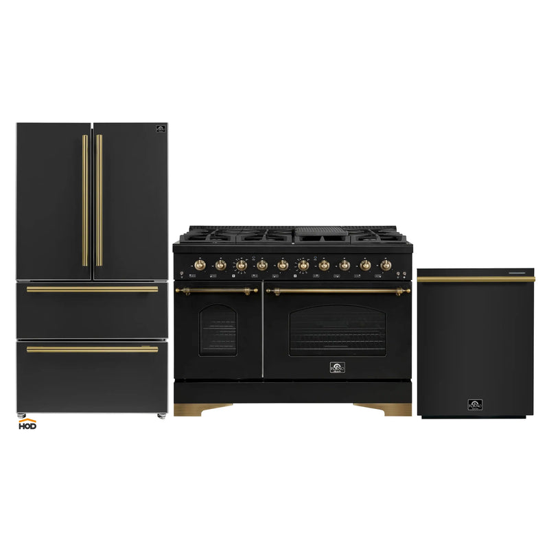 Forno Antico 3-Piece Appliance Package - 48-Inch Dual Fuel Range, 36-Inch Refrigerator, & 24-Inch Dishwasher in Black with Antique Brass Trim