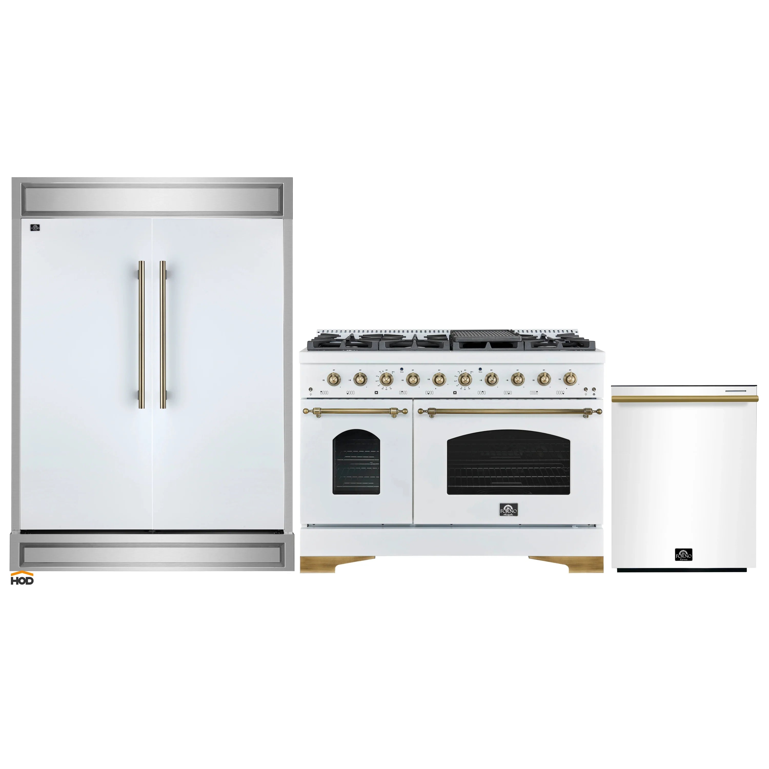 Appliance package with white refrigerator, dual-fuel range, and built-in dishwasher