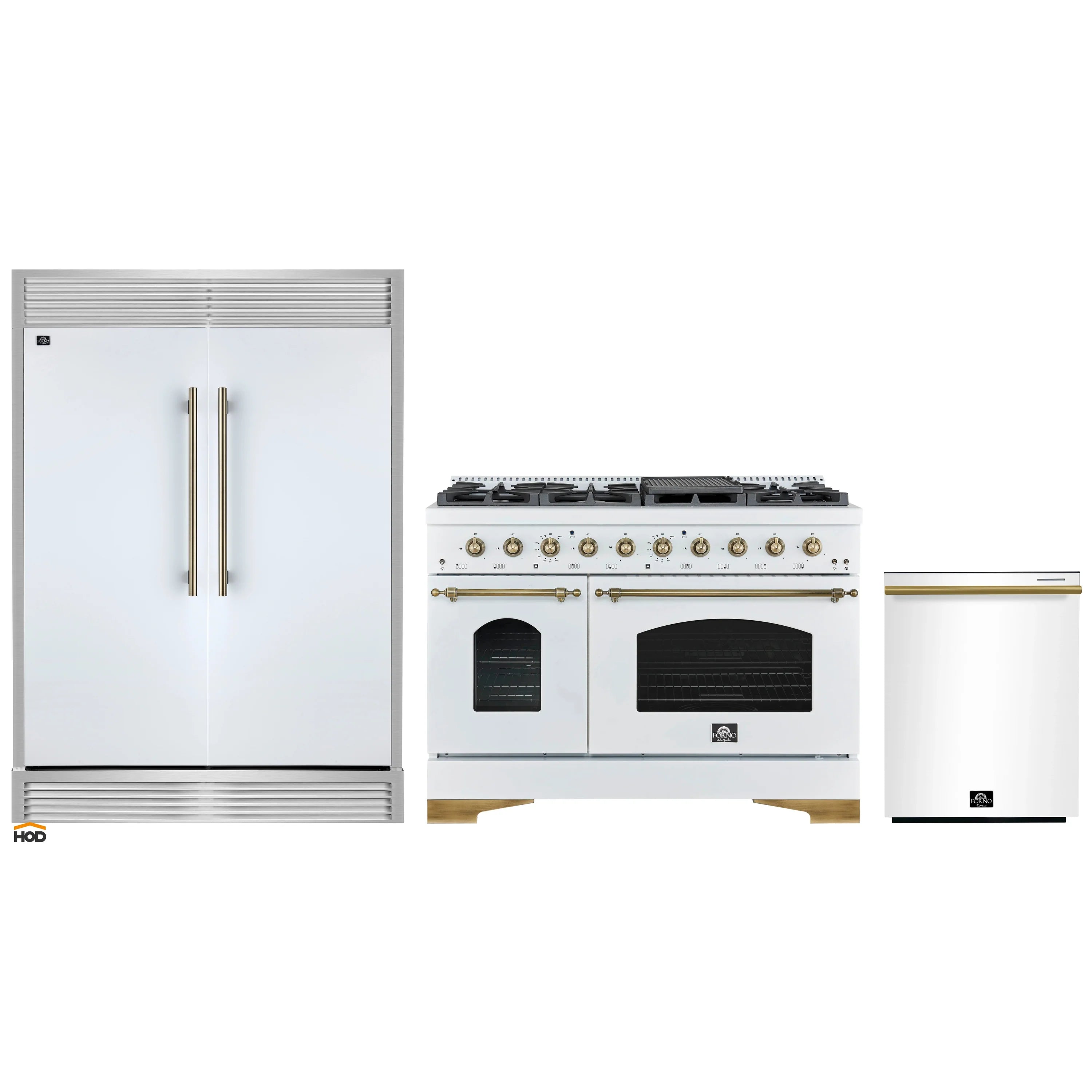 White kitchen appliance package: refrigerator, range, and dishwasher with brass accents