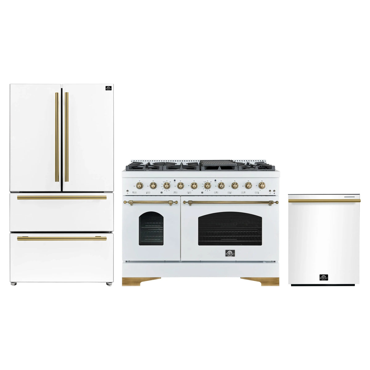 Forno Antico 3-Piece Appliance Package - 48-Inch Dual Fuel Range, 36-Inch Refrigerator, & 24-Inch Dishwasher in White with Antique Brass Trim