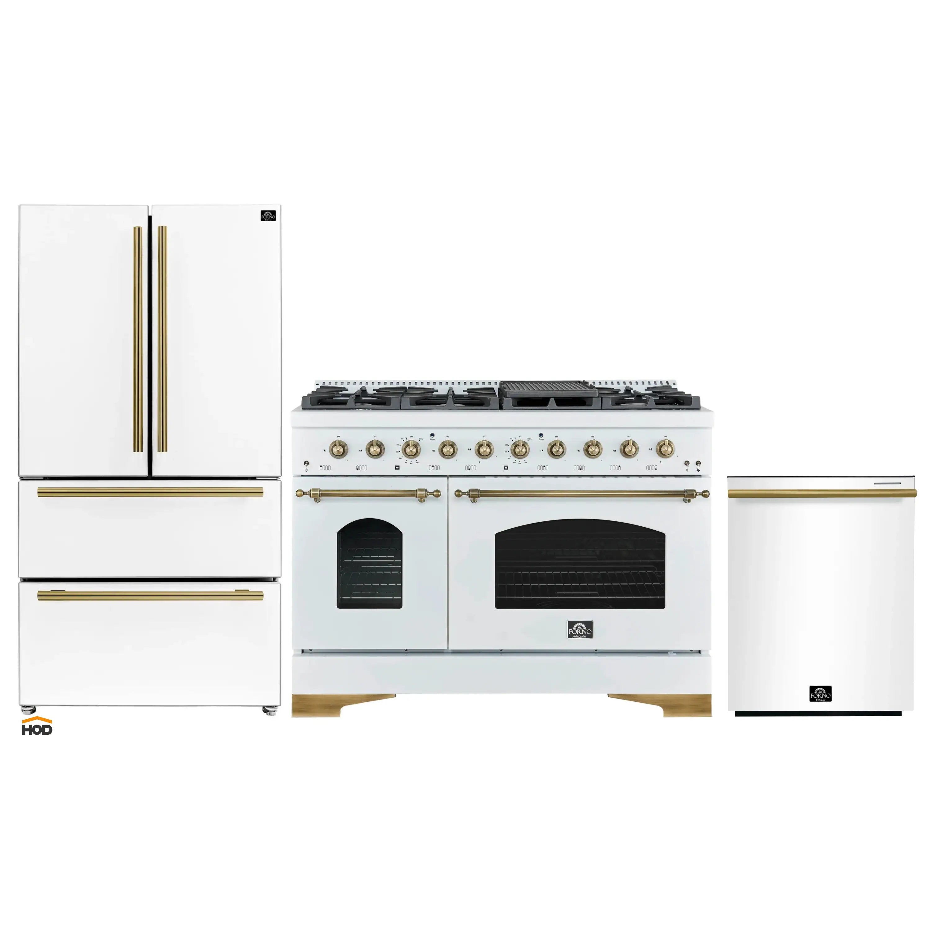 White kitchen appliance package featuring refrigerator, dual-fuel range, and dishwasher