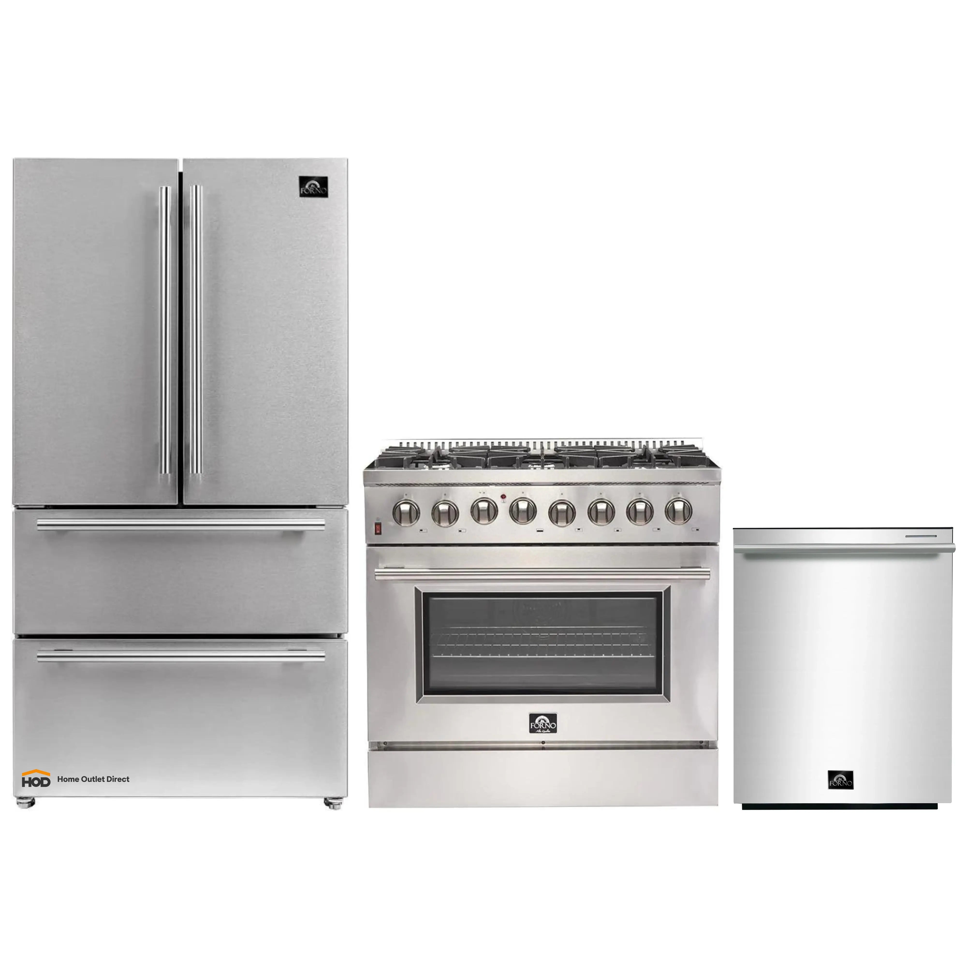 Stainless steel 3-piece appliance package: French door fridge, dual fuel range, dishwasher