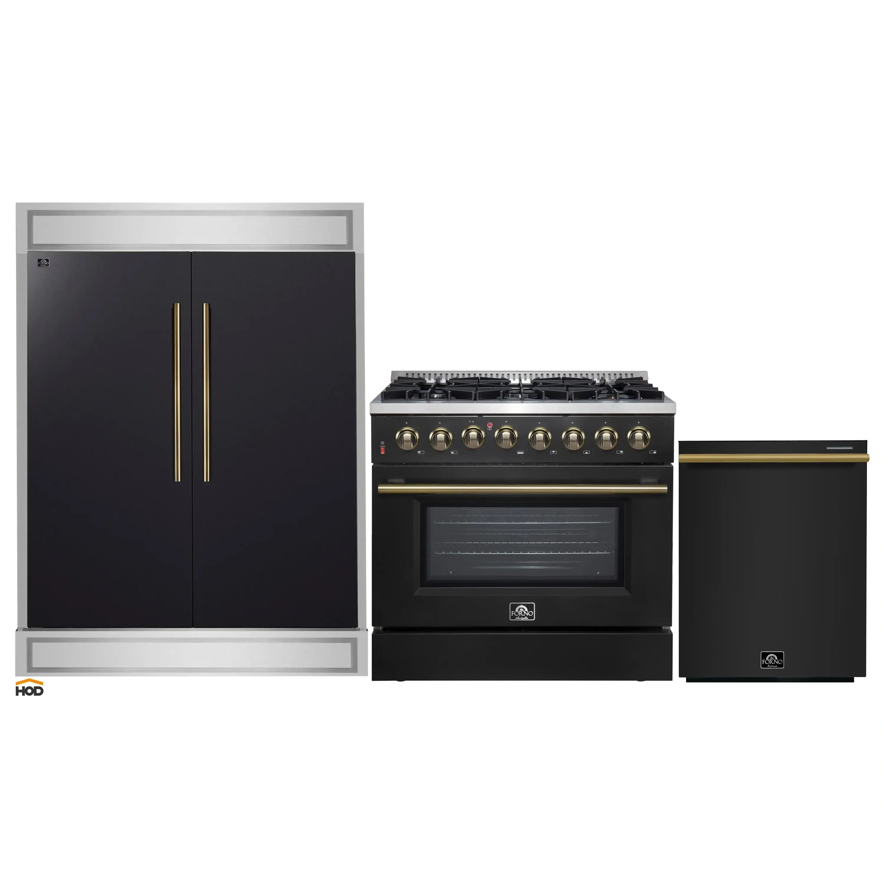 Appliance set: black range, black refrigerator, and black dishwasher with brass accents.
