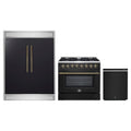 Forno 3-Piece Appliance Package - 36-Inch Dual Fuel Range, 60-Inch Convertible Refrigerator with Modern Trim, and Dishwasher in Black with Antique Brass Trim