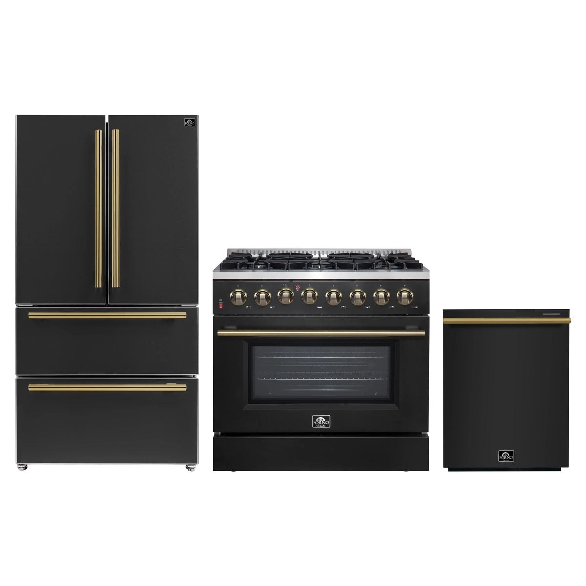 Forno Galiano 3-Piece Appliance Package - 36-Inch Dual Fuel Range, 36-Inch Refrigerator, & 24-Inch Dishwasher in Black with Antique Brass Trim