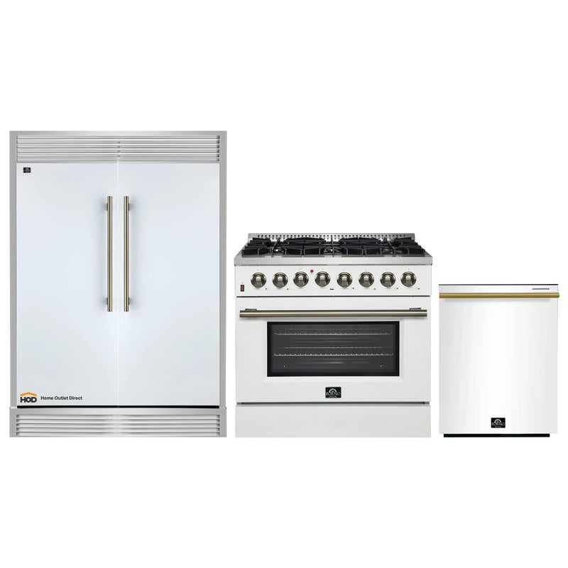 Forno 3-Piece Appliance Package - 36-Inch Galiano Dual Fuel Range, 60-Inch Refrigerator, Dishwasher in White with Antique Brass Handle