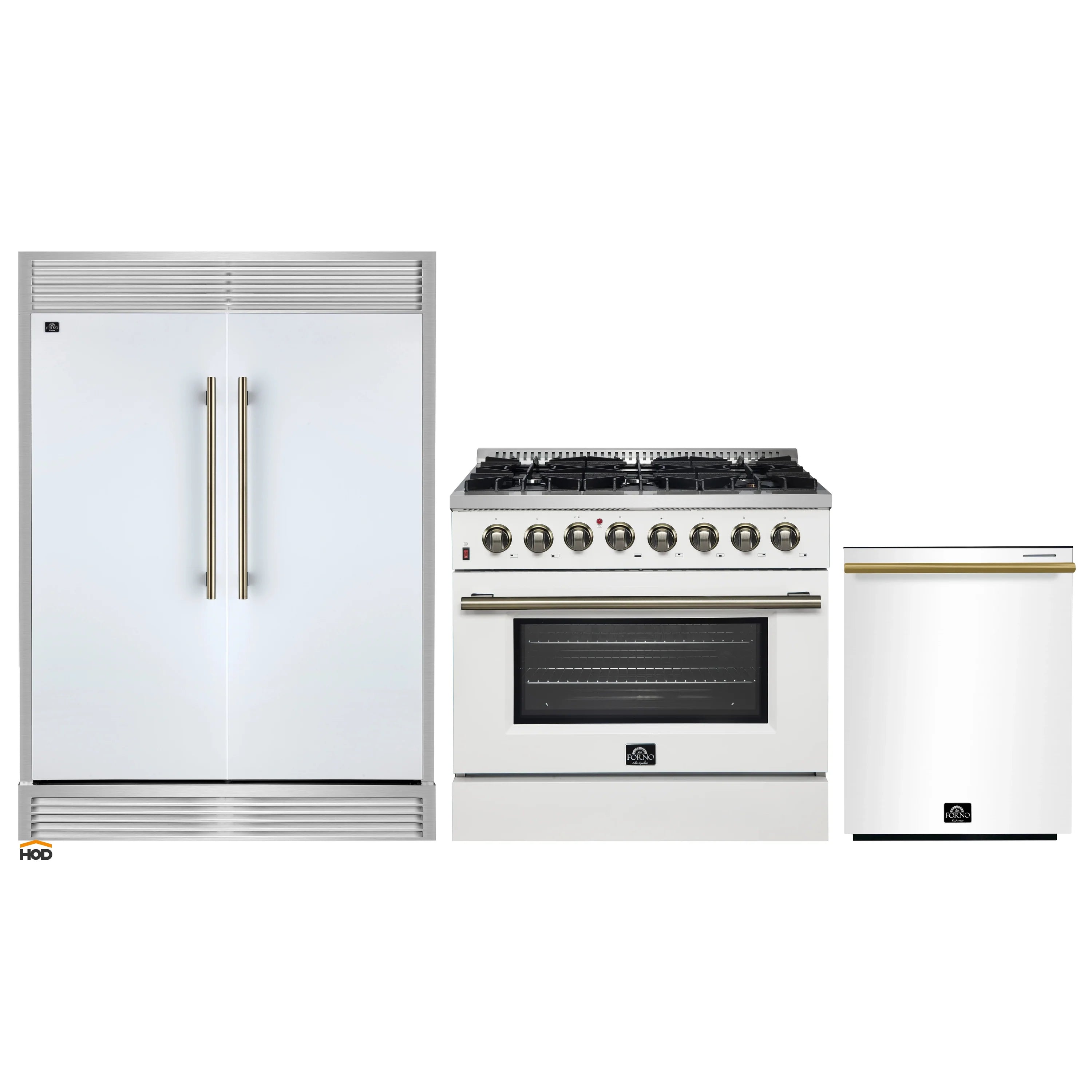 White kitchen appliances set: dual-door refrigerator and range with brass handles