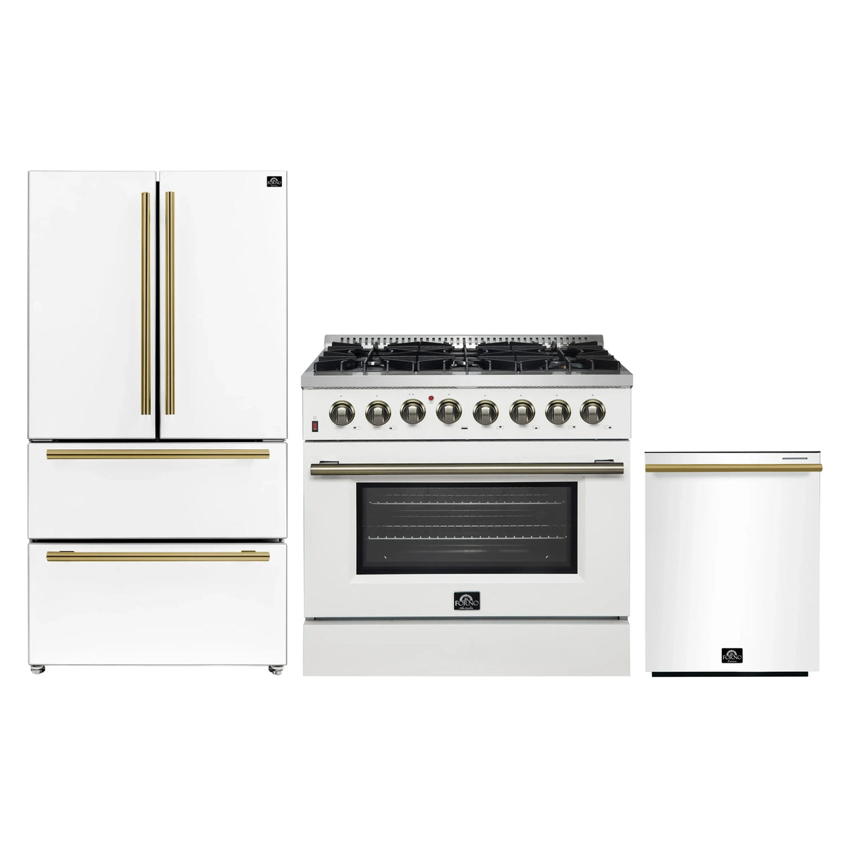 Forno Galiano 3-Piece Appliance Package - 36-Inch Dual Fuel Range, 36-Inch Refrigerator, & 24-Inch Dishwasher in White with Antique Brass Trim