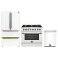 Forno Galiano 3-Piece Appliance Package - 36-Inch Dual Fuel Range, 36-Inch Refrigerator, & 24-Inch Dishwasher in White with Antique Brass Trim