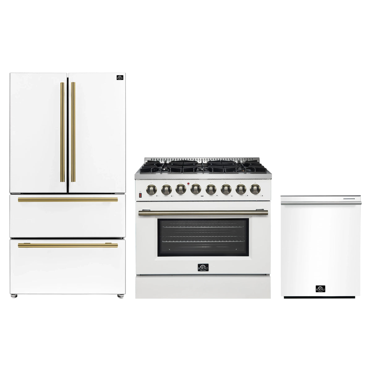 Forno Galiano 3-Piece Appliance Package - 36-Inch Dual Fuel Range, 36-Inch Refrigerator, & 24-Inch Dishwasher in White with Antique Brass Trim