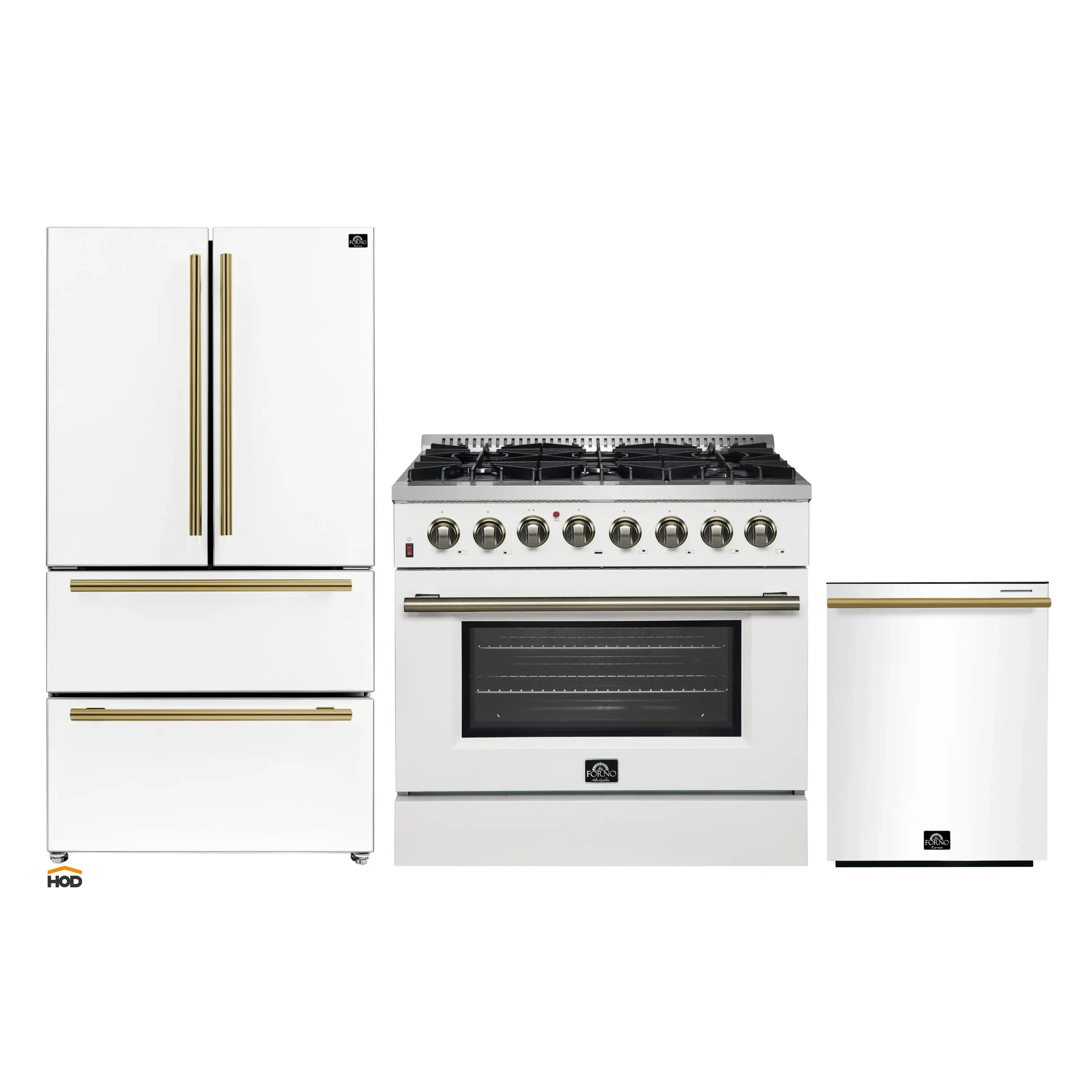 White kitchen appliance set with 36-inch dual fuel range and antique brass trim
