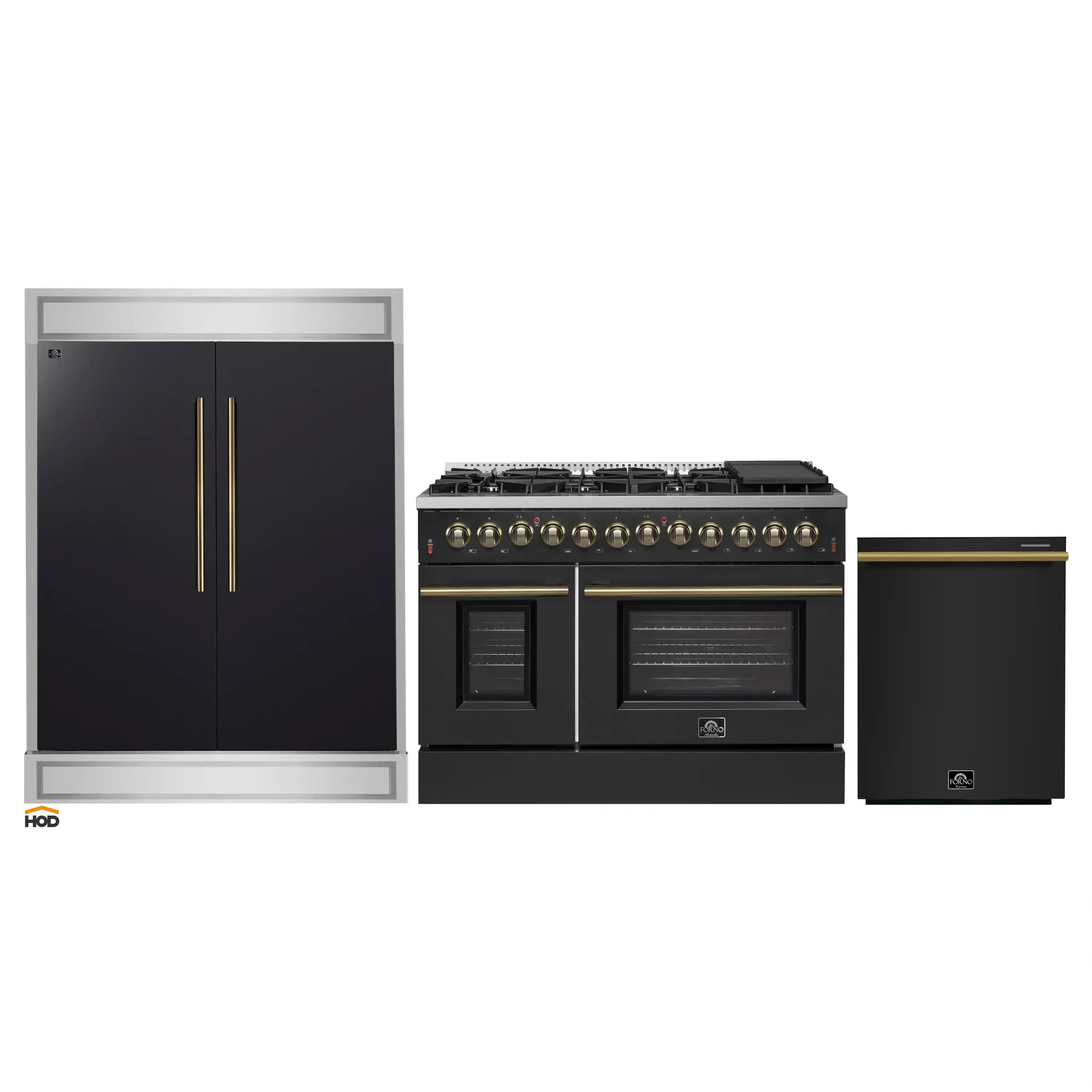 Black appliance package with range, refrigerator, and dishwasher doors in brass accents