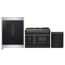 Forno 3-Piece Appliance Package - 48-Inch Dual Fuel Range, 60-Inch Convertible Refrigerator with Modern Trim, and Dishwasher in Black with Antique Brass Handle