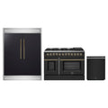 Forno 3-Piece Appliance Package - 48-Inch Dual Fuel Range, 60-Inch Convertible Refrigerator with Modern Trim, and Dishwasher in Black with Antique Brass Trim