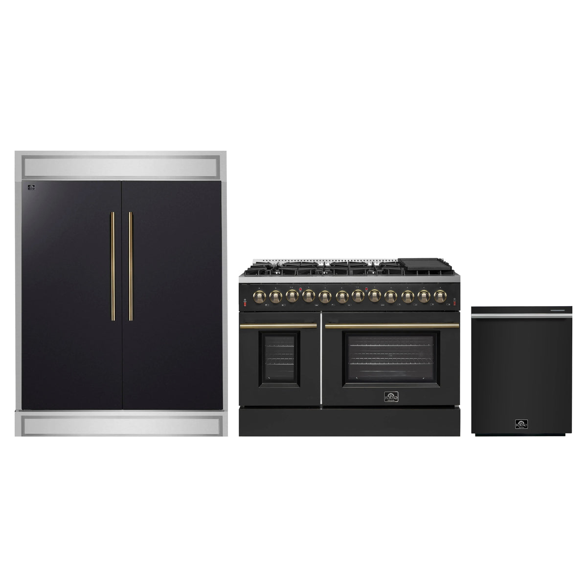 Forno 3-Piece Appliance Package - 48-Inch Dual Fuel Range, 60-Inch Convertible Refrigerator with Modern Trim, and Dishwasher in Black with Antique Brass Trim