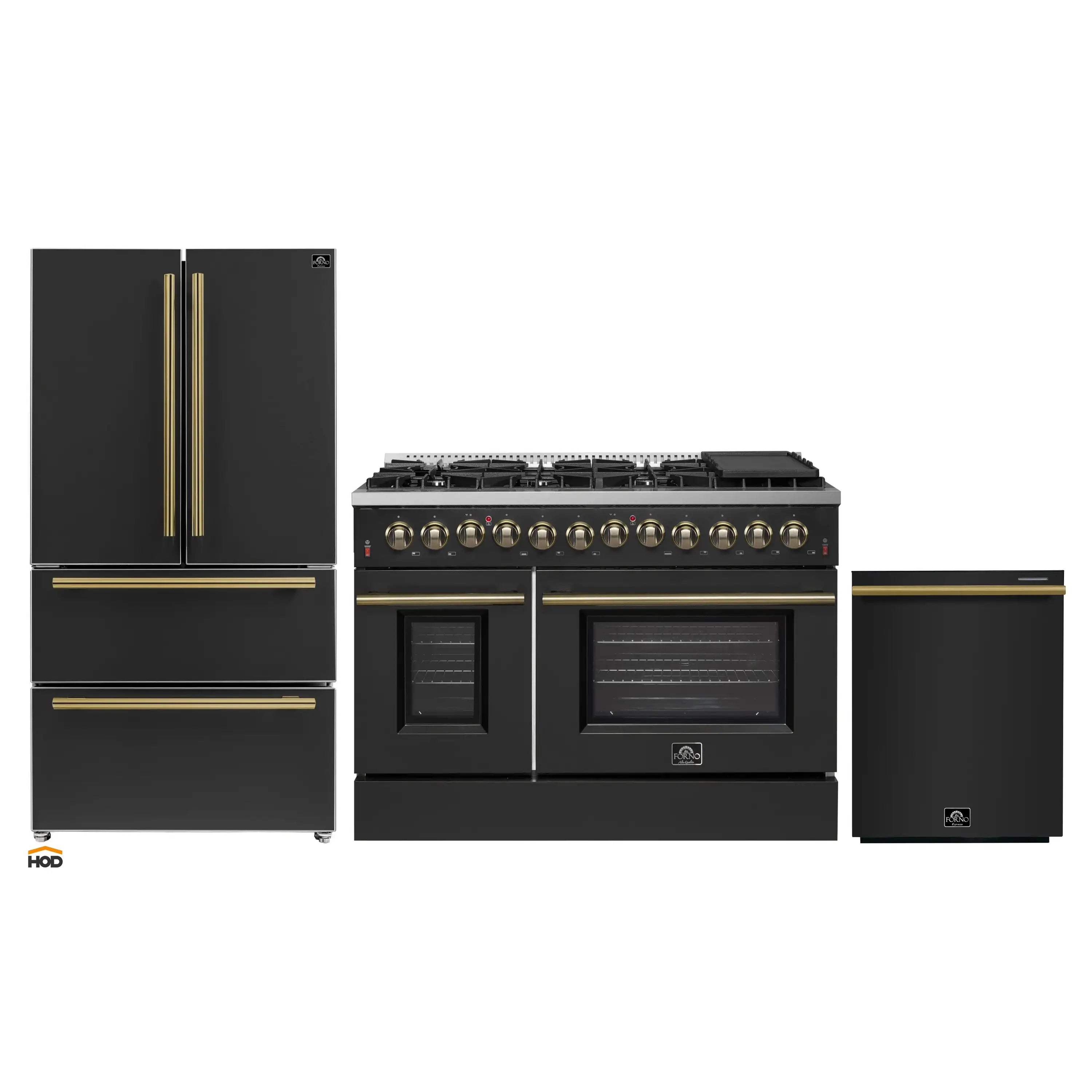 Black dual fuel range with brass-trimmed knobs, burners, and two glass-front ovens