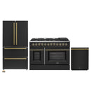 Forno Galiano 3-Piece Appliance Package - 48-Inch Dual Fuel Range, 36-Inch Refrigerator, & 24-Inch Dishwasher in Black with Antique Brass Trim