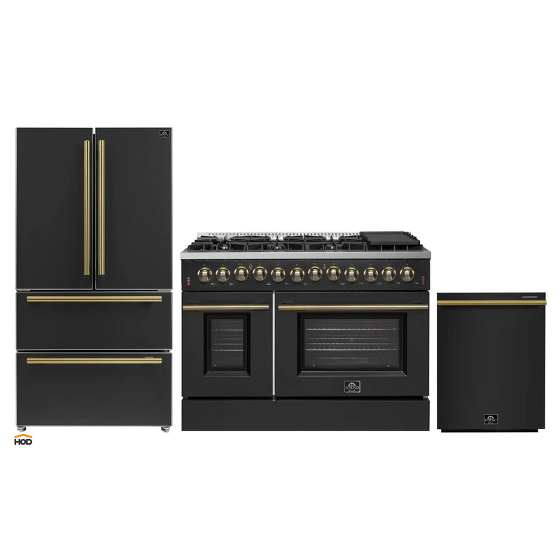 Forno Galiano 3-Piece Appliance Package - 48-Inch Dual Fuel Range, 36-Inch Refrigerator, & 24-Inch Dishwasher in Black with Antique Brass Trim
