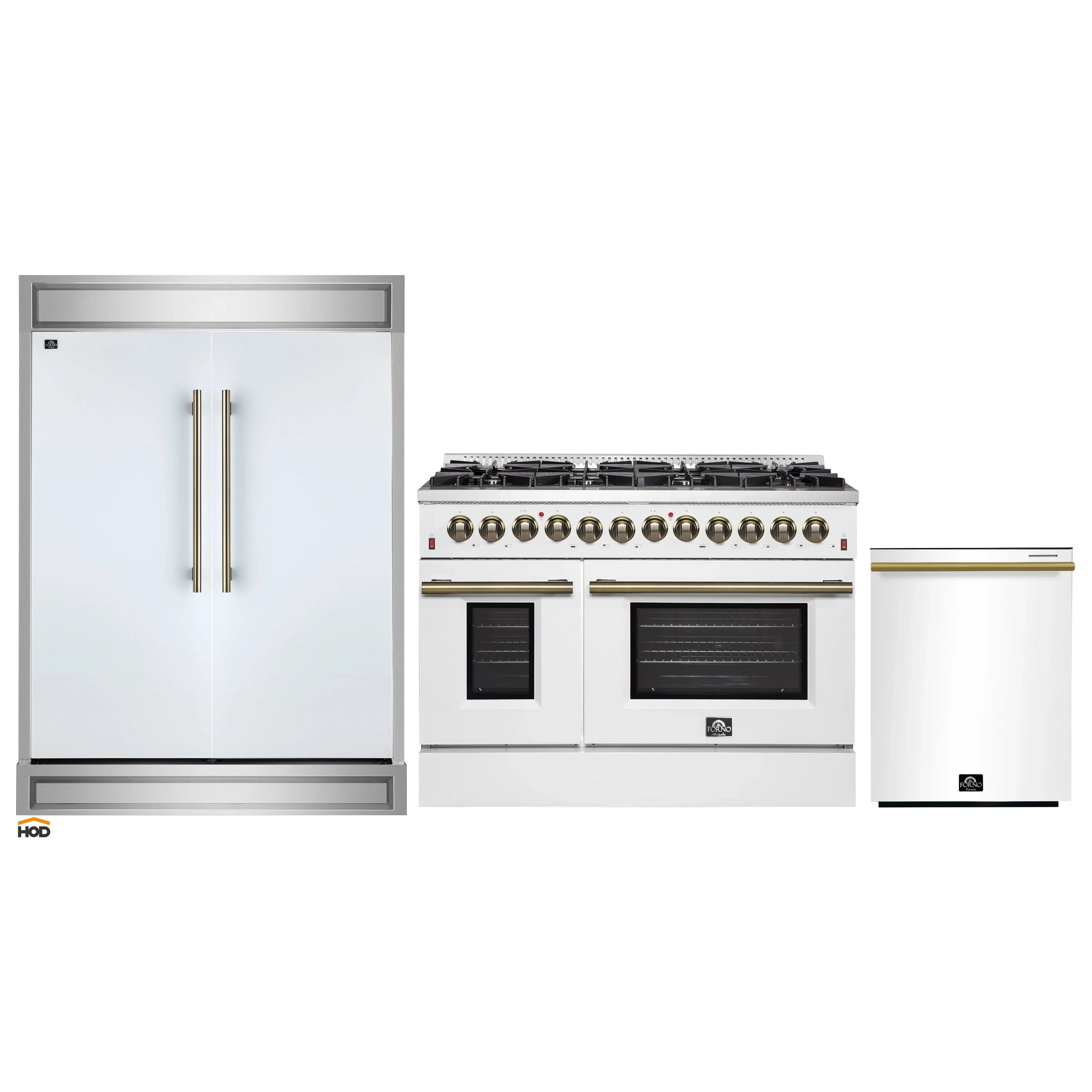 White refrigerator beside a stainless dual-fuel range oven with brass knobs