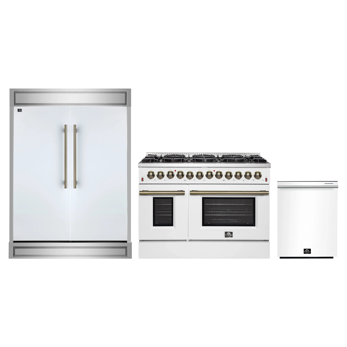 Forno 3-Piece Appliance Package - 48-Inch Dual Fuel Range, 60-Inch Refrigerator, Dishwasher in White with Antique Brass Trim
