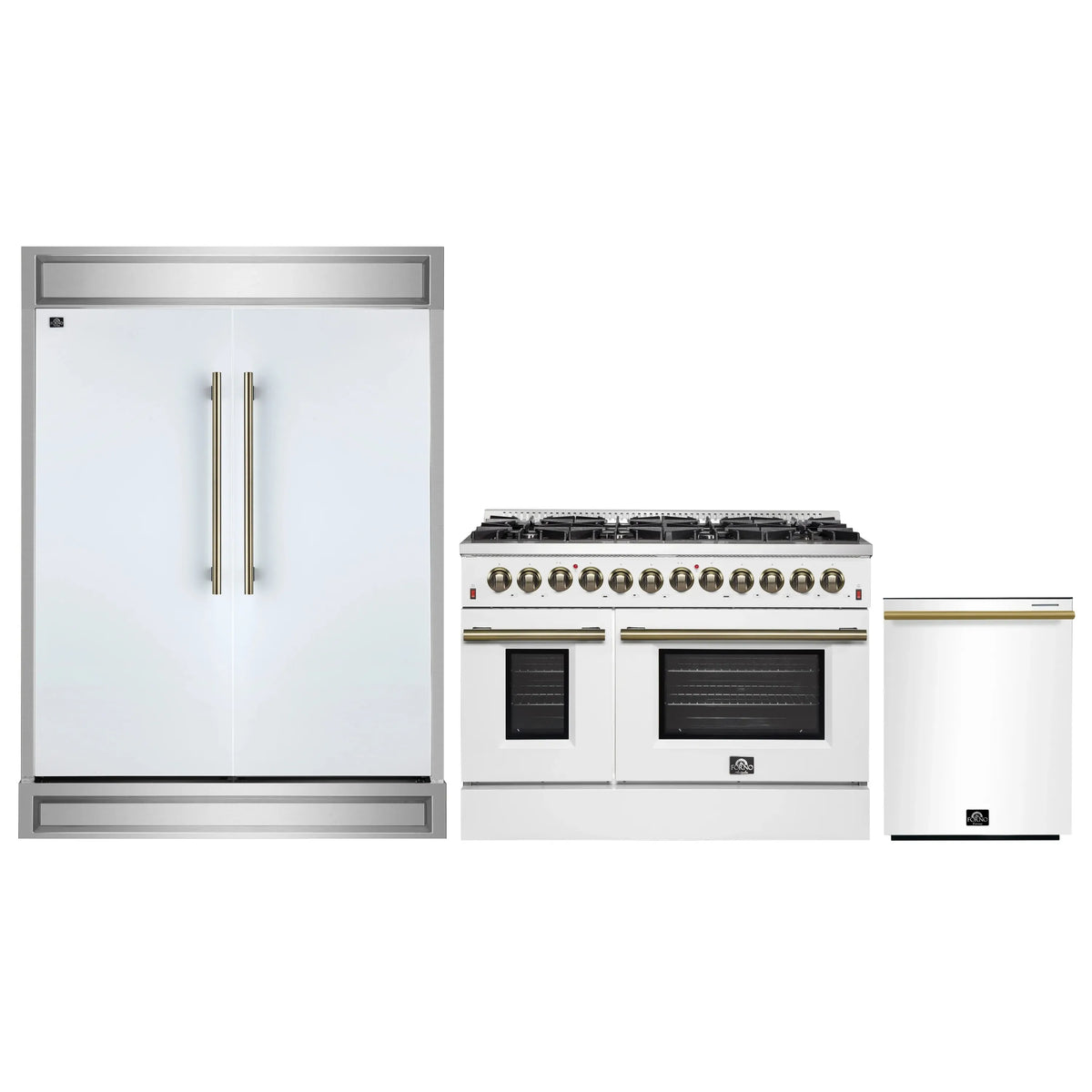 Forno 3-Piece Appliance Package - 48-Inch Dual Fuel Range, 60-Inch Refrigerator, Dishwasher in White with Antique Brass Trim