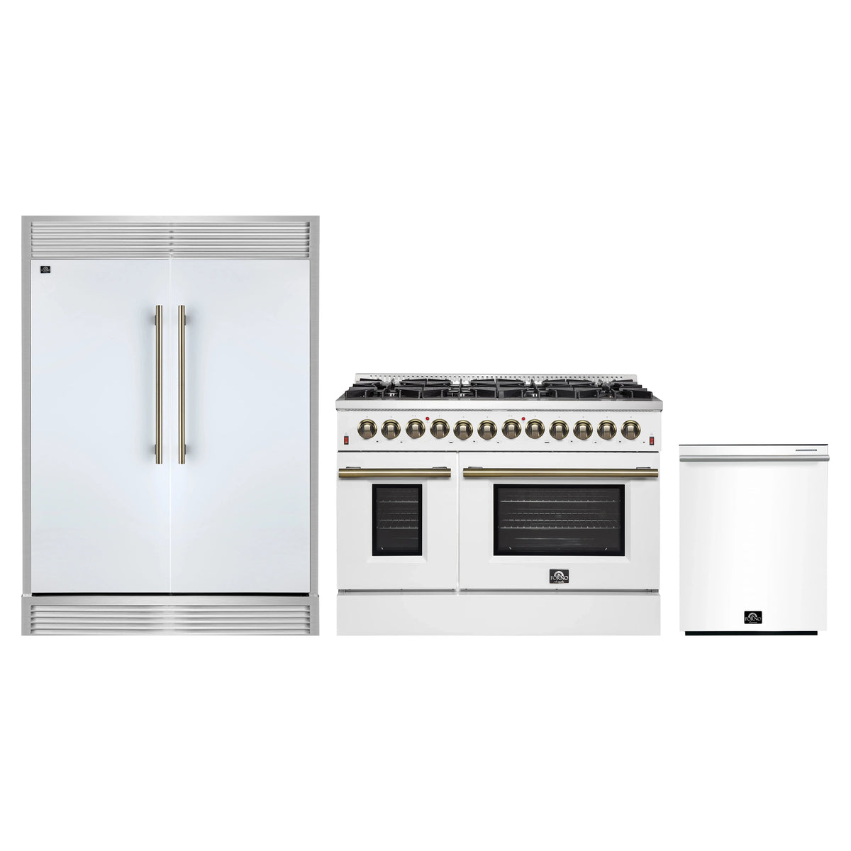 Forno 3-Piece Appliance Package - 48-Inch Galiano Dual Fuel Range, 60-Inch Refrigerator, Dishwasher in White with Antique Brass Trim