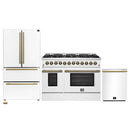 Forno Galiano 3-Piece Appliance Package - 48-Inch Dual Fuel Range, 36-Inch Refrigerator, & 24-Inch Dishwasher in White with Antique Brass Trim