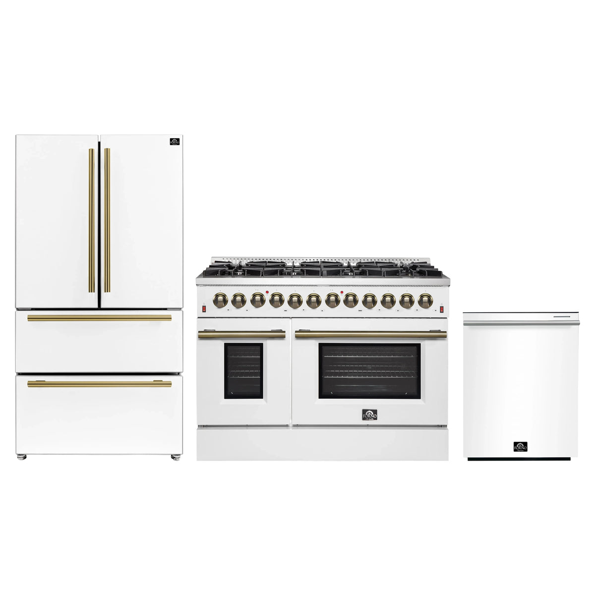 Forno Galiano 3-Piece Appliance Package - 48-Inch Dual Fuel Range, 36-Inch Refrigerator, & 24-Inch Dishwasher in White with Antique Brass Trim