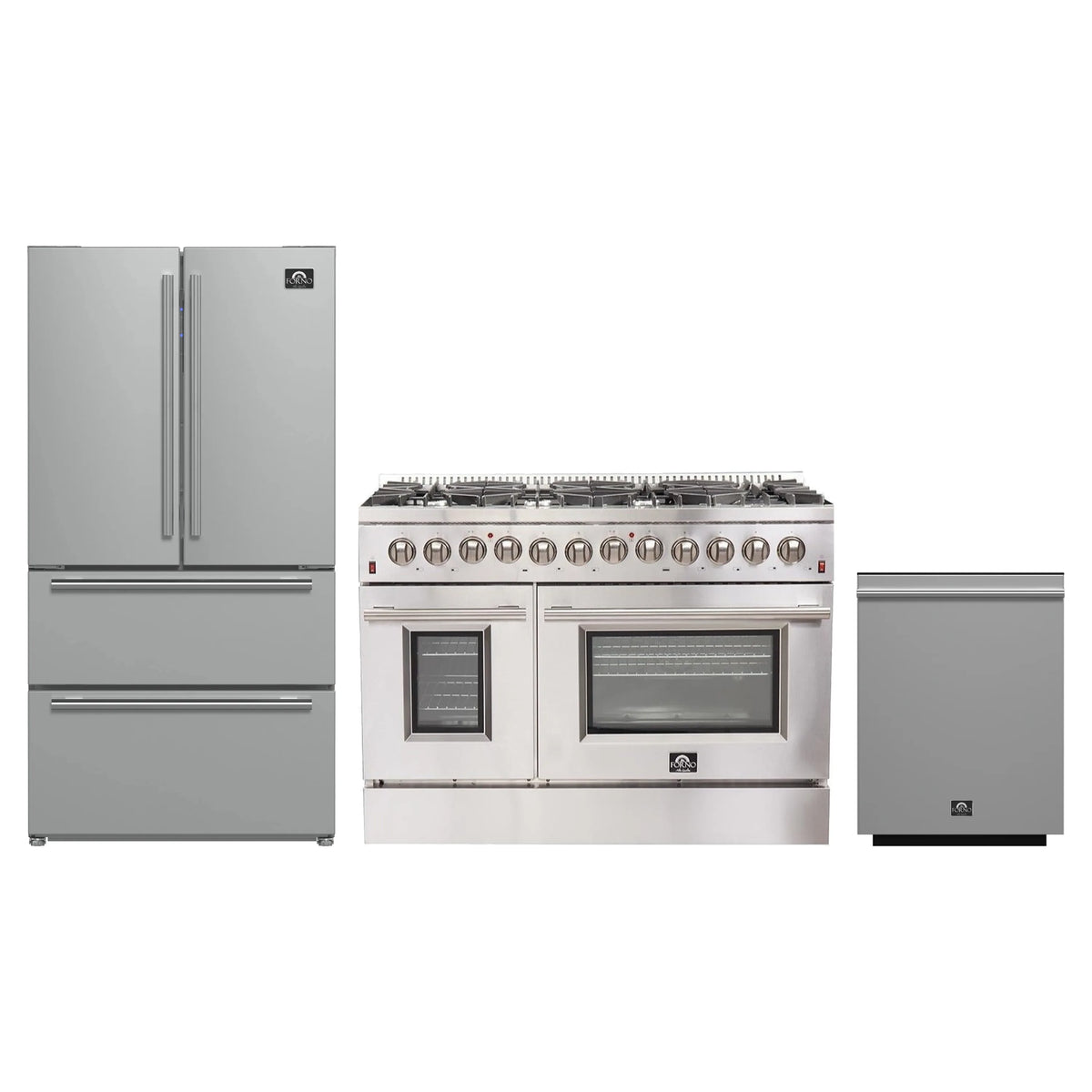 Forno 3-Piece Appliance Package - 48-Inch Dual Fuel Range, French Door Refrigerator, and Dishwasher in Stainless Steel