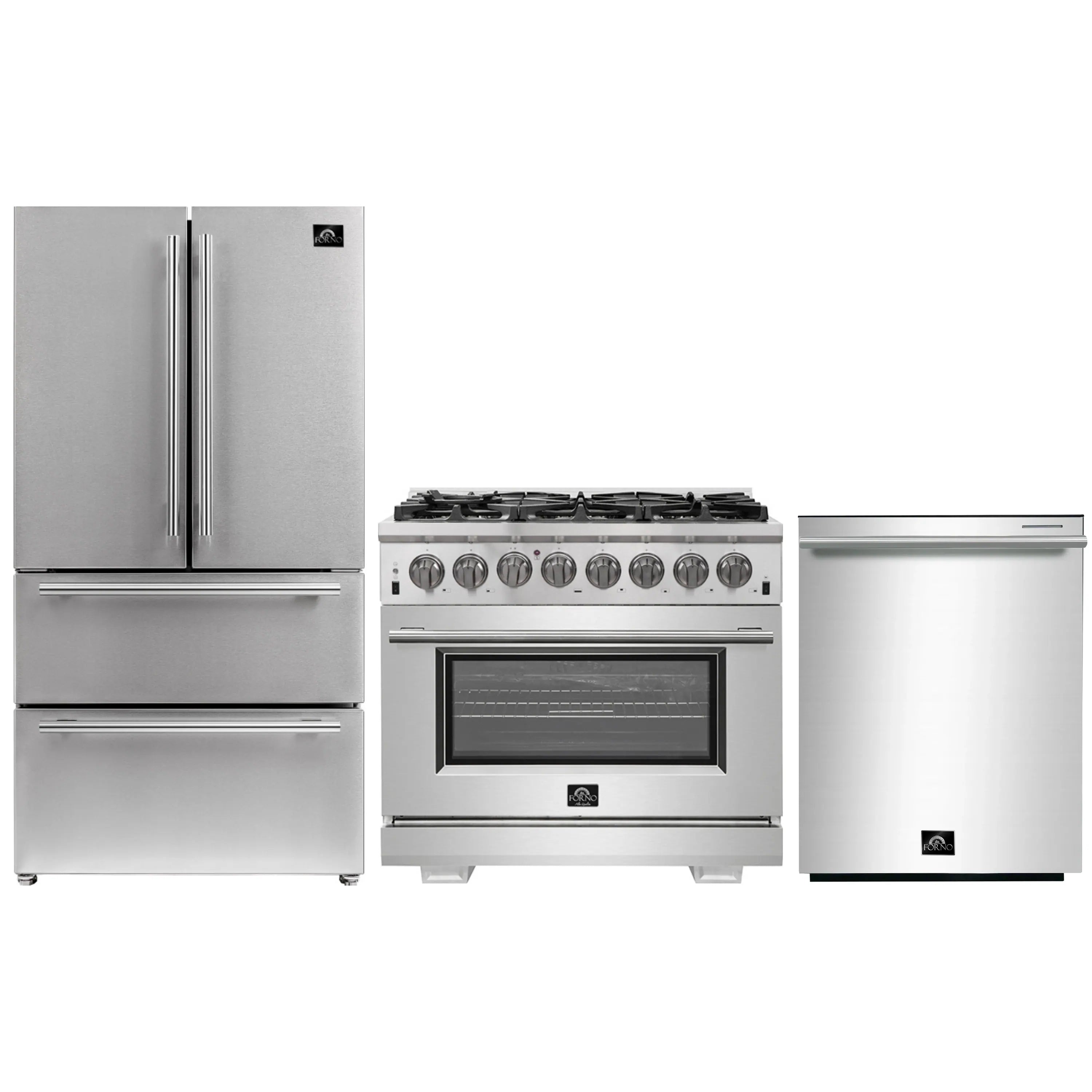 Kitchen appliance package: stainless French door refrigerator, range, and dishwasher