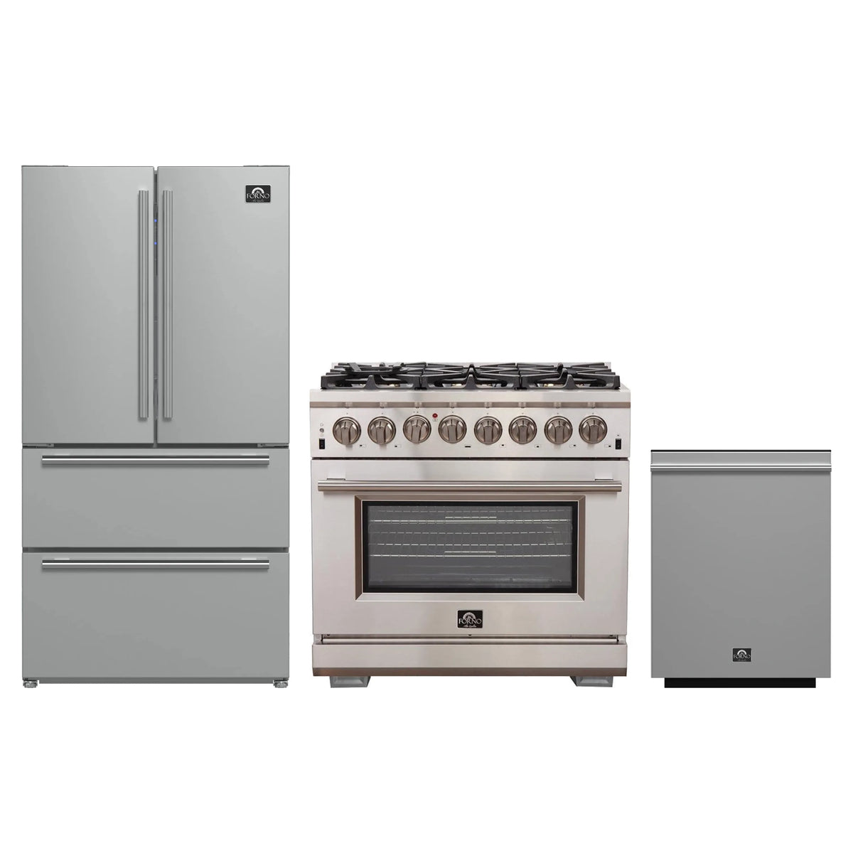 Forno 3-Piece Pro Appliance Package - 36-Inch Dual Fuel Range, French Door Refrigerator, and Dishwasher in Stainless Steel