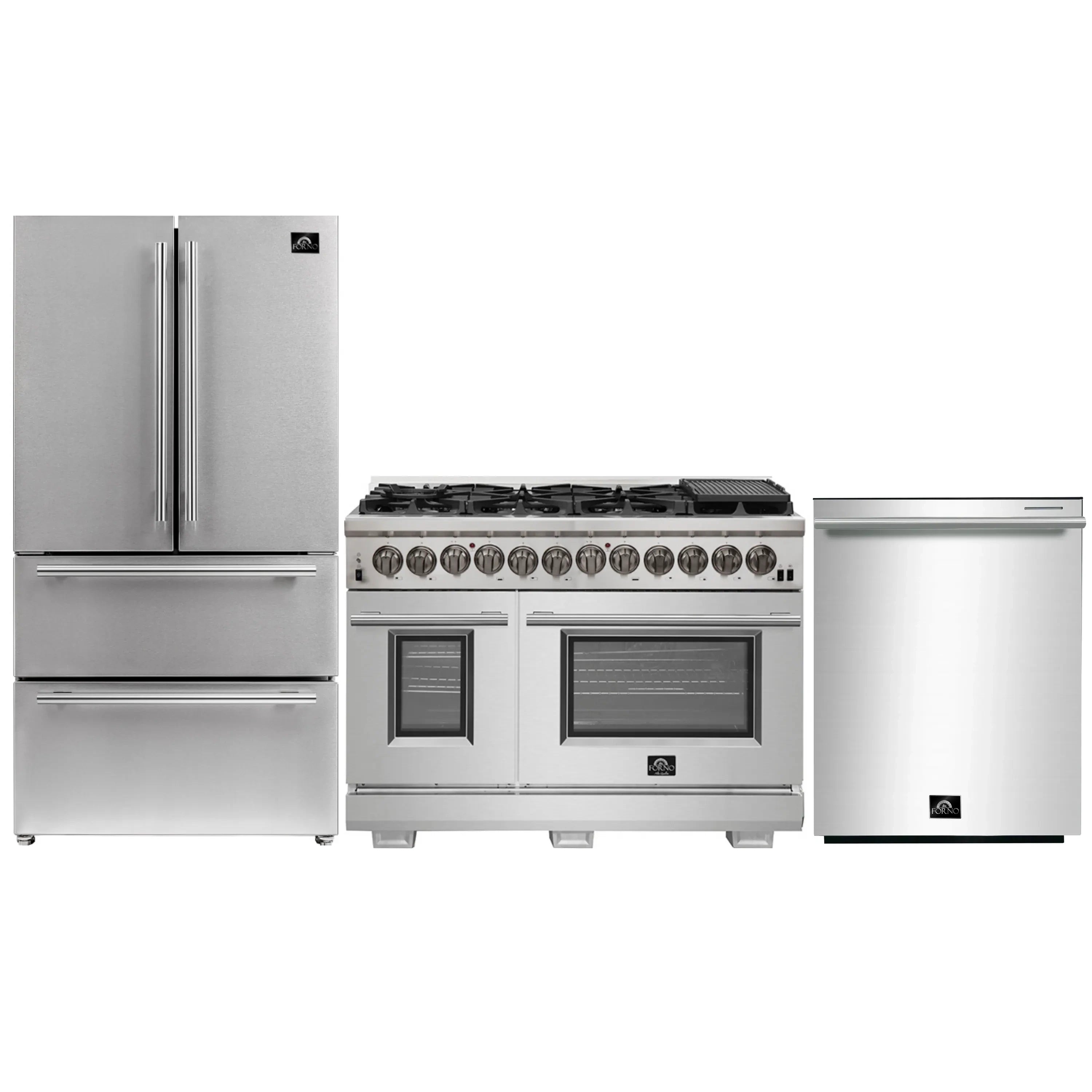 Stainless steel appliance set with refrigerator, dual fuel range, and dishwasher