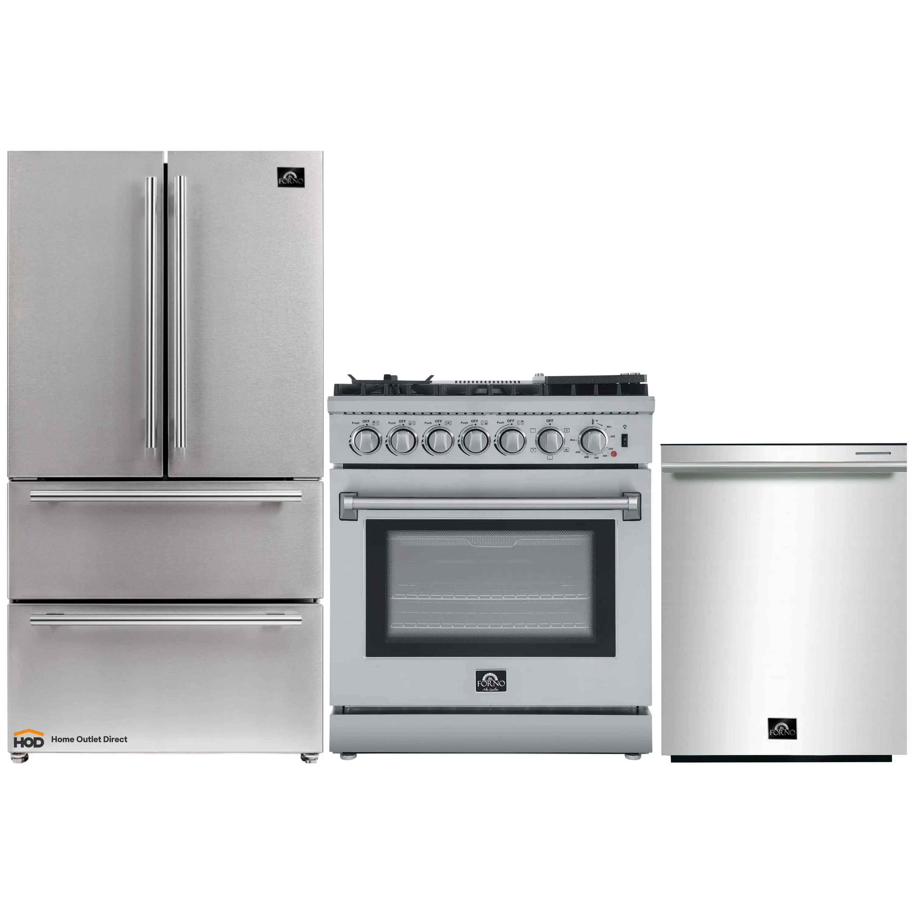 Stainless appliance trio: refrigerator, freestanding range, and dishwasher