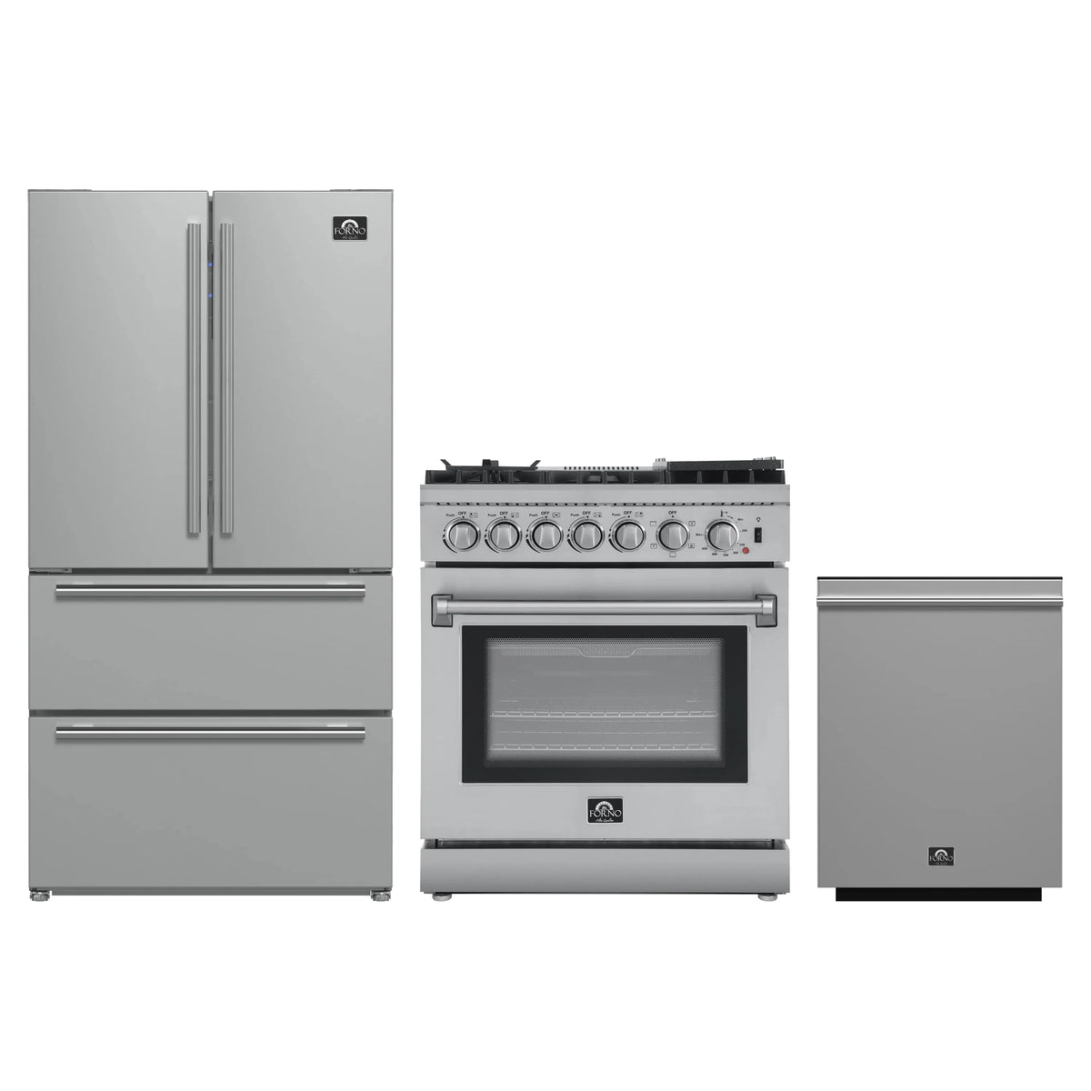 Forno 3-Piece Appliance Package - 30-Inch Dual Fuel Range with Air Fryer, French Door Refrigerator, and Dishwasher in Stainless Steel